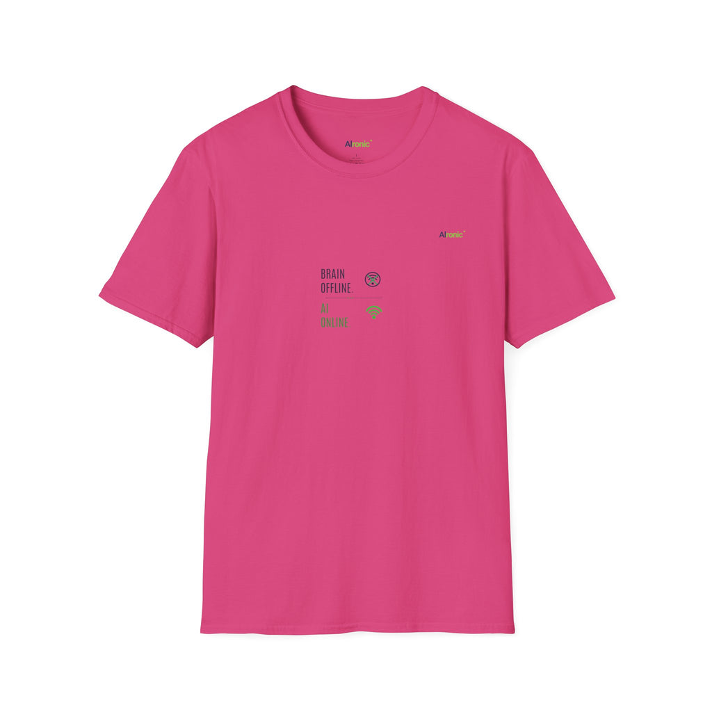 T-Shirt featuring "Brain Offline, AI Online" AI humor design by AIronic, gallery view 44