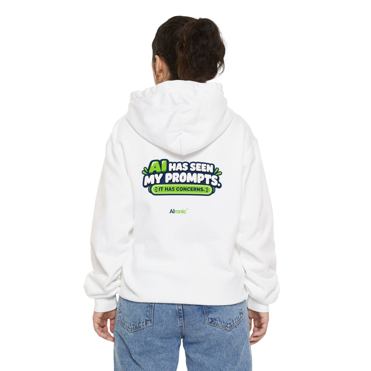 Pepper hoodie featuring “AI has seen my prompts. It has concerns” AI humor design by AIronic, catalog view 2