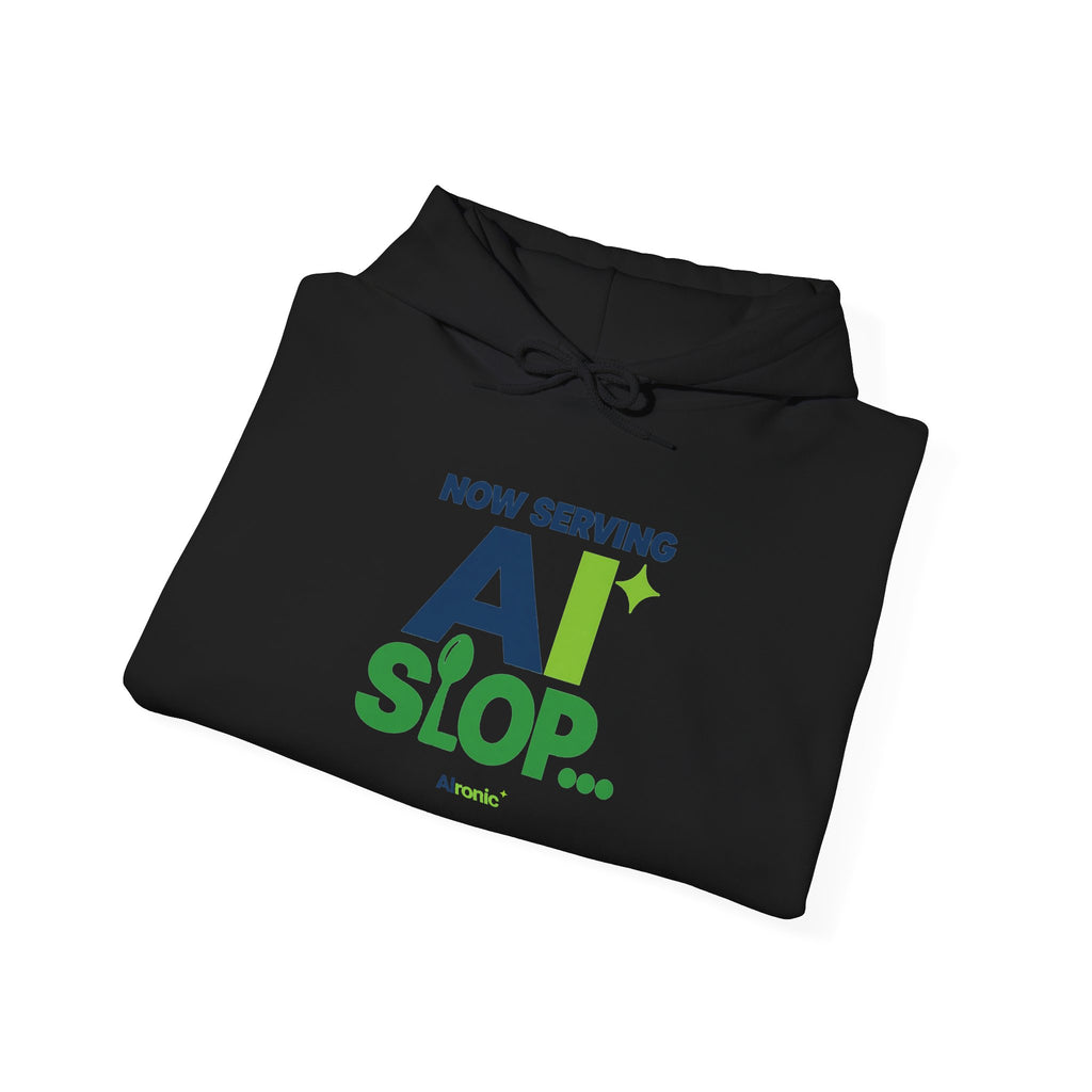 AIronic hoodie featuring "Now Serving AI Slop" AI humor design, gallery view 17