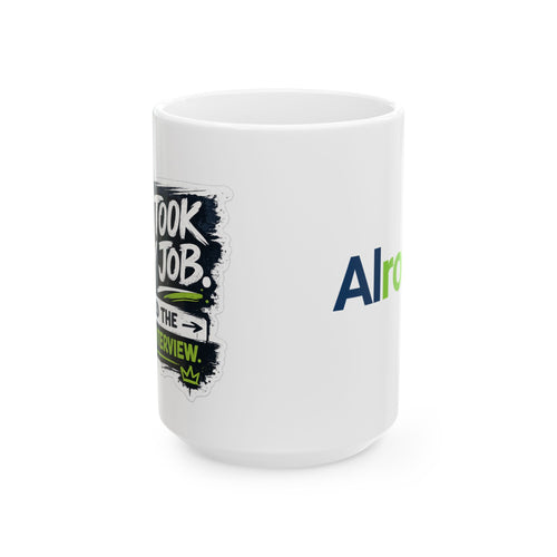 Mug featuring "AI Took My Job, Nailed Exit Interview" AI humor design by AIronic, gallery view 2
