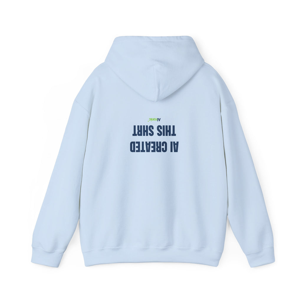Navy hoodie featuring minimal “AI created this shirt” AI humor design by AIronic, catalog view 3