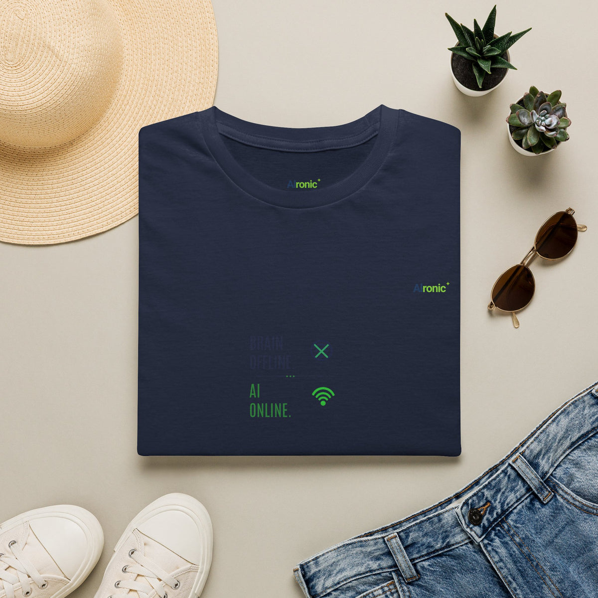 Navy T-Shirt featuring "Brain Offline, AI Online" AI humor design by AIronic, gallery view 9