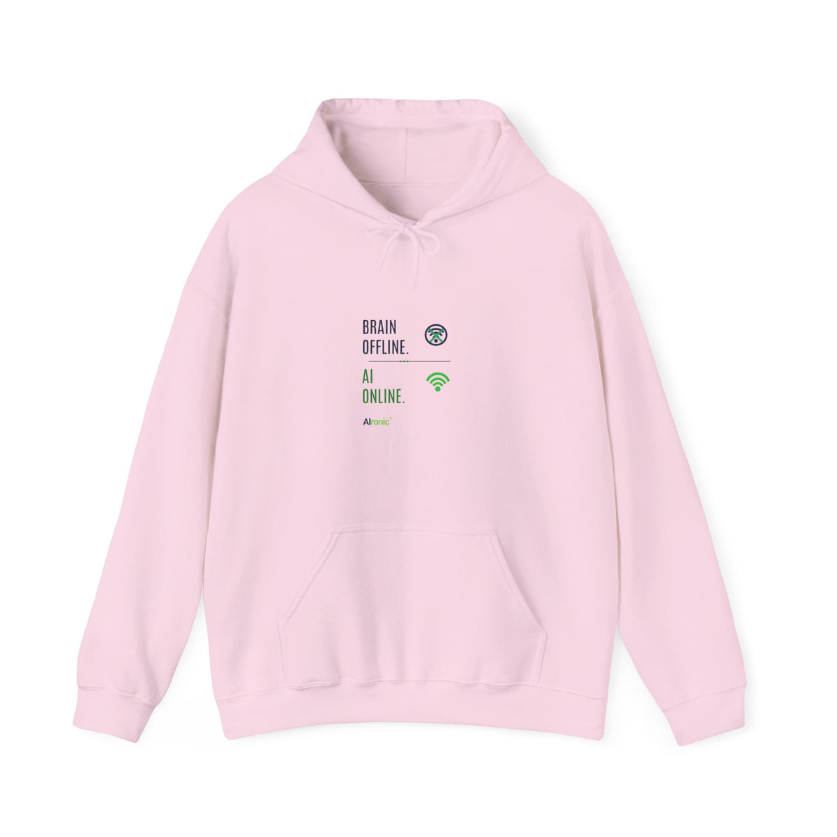 Light Pink Hoodie featuring "Brain Offline, AI Online" AI humor design by AIronic, gallery view 8