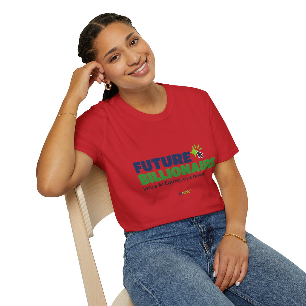 Navy T-shirt featuring “Future billionaire, once AI figures out how” AI humor design by AIronic, catalog view 5