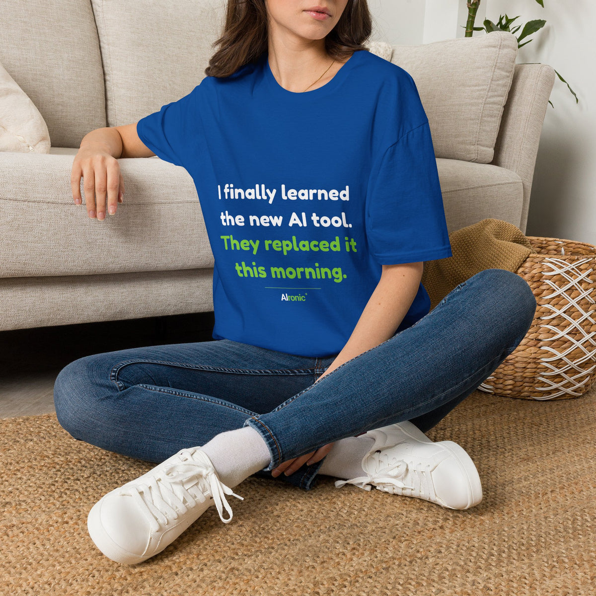 T-Shirt featuring “They Replaced the AI Tool” AI humor design by AIronic, gallery view 10