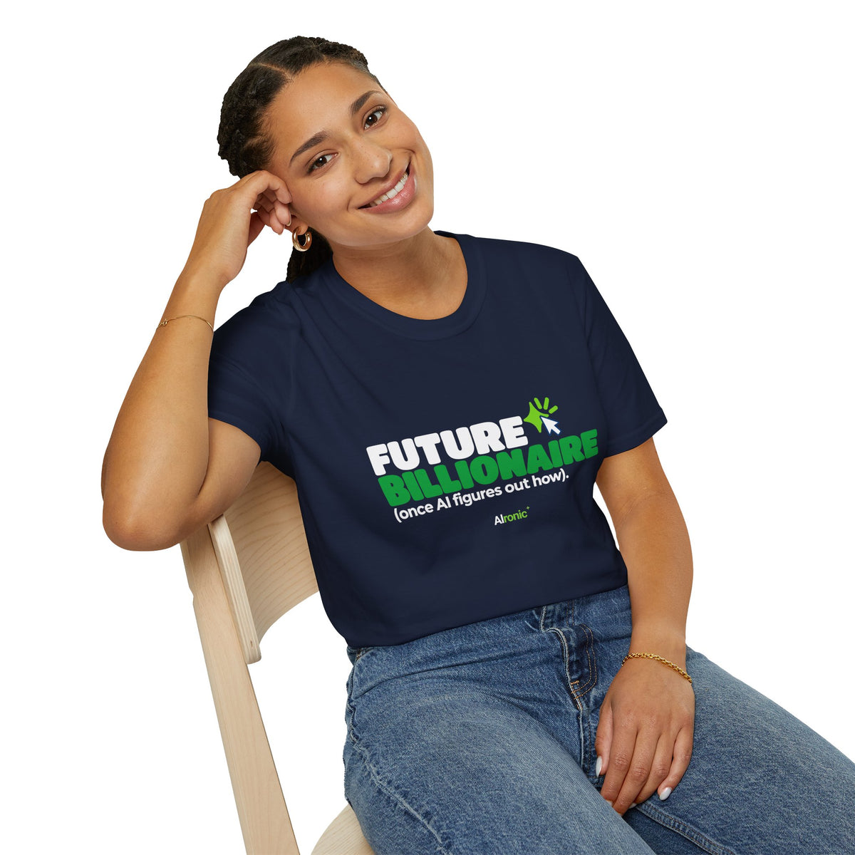 Military Green T-shirt featuring “Future billionaire, once AI figures out how” AI humor design by AIronic, catalog view 5