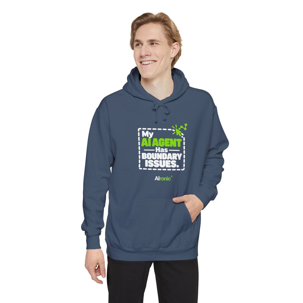 Denim hoodie featuring “My AI agent has boundary issues” AI humor design by AIronic, catalog view 4