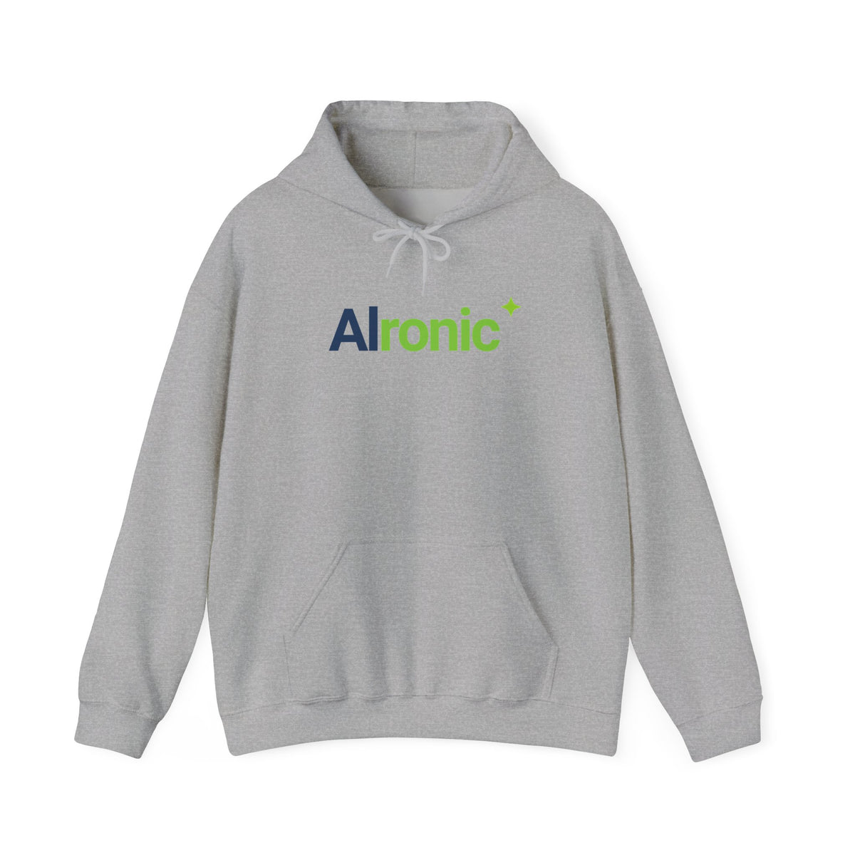 Sport Grey hoodie featuring “AI created this shirt” AI humor design by AIronic, catalog view 1