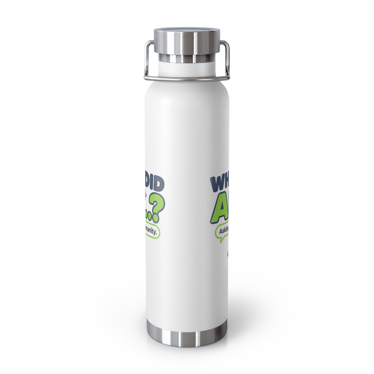 White water bottle featuring “Why did AI...?” AI humor design by AIronic, catalog view 2