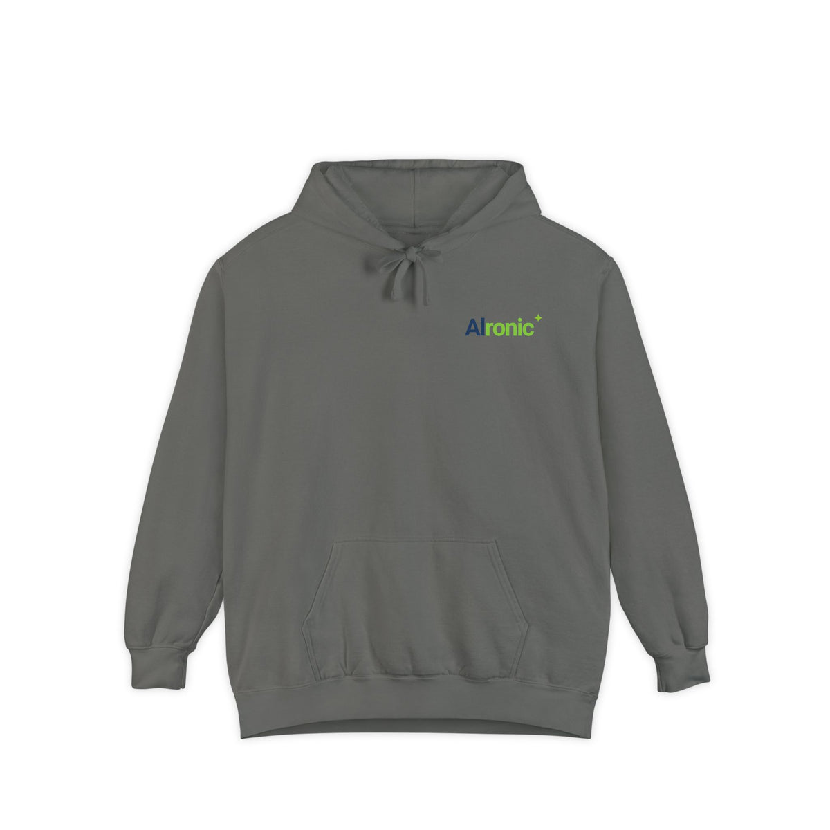 Grey hoodie featuring “I asked AI. AI asked why” AI humor design by AIronic, catalog view 1