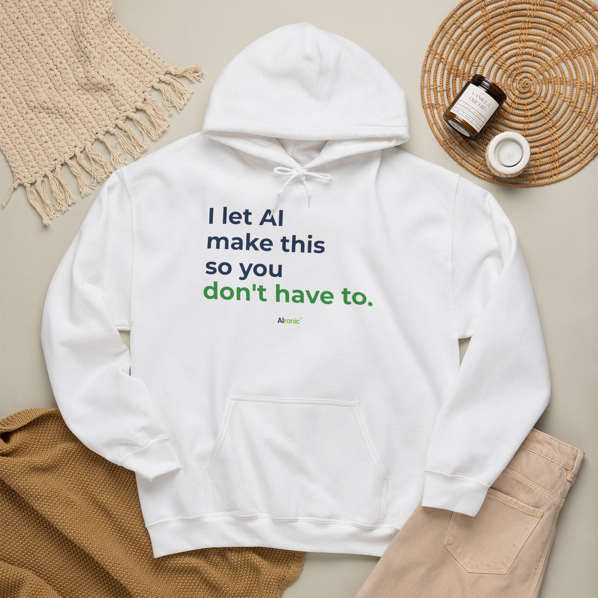 Hoodie featuring "I Let AI Make This" AI humor design by AIronic, gallery view 15