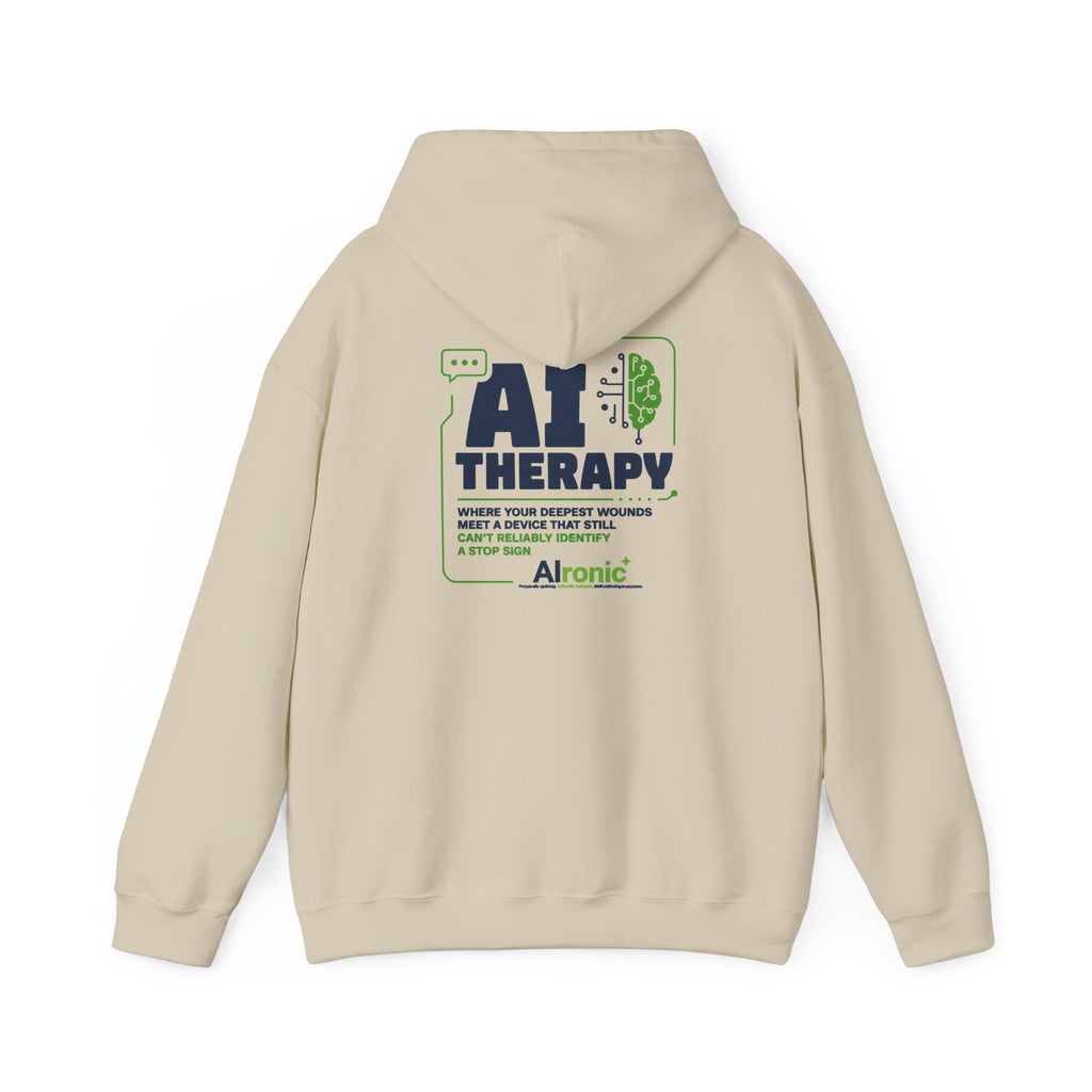 Hoodie featuring “AI Therapy” AI humor design by AIronic, gallery view 19
