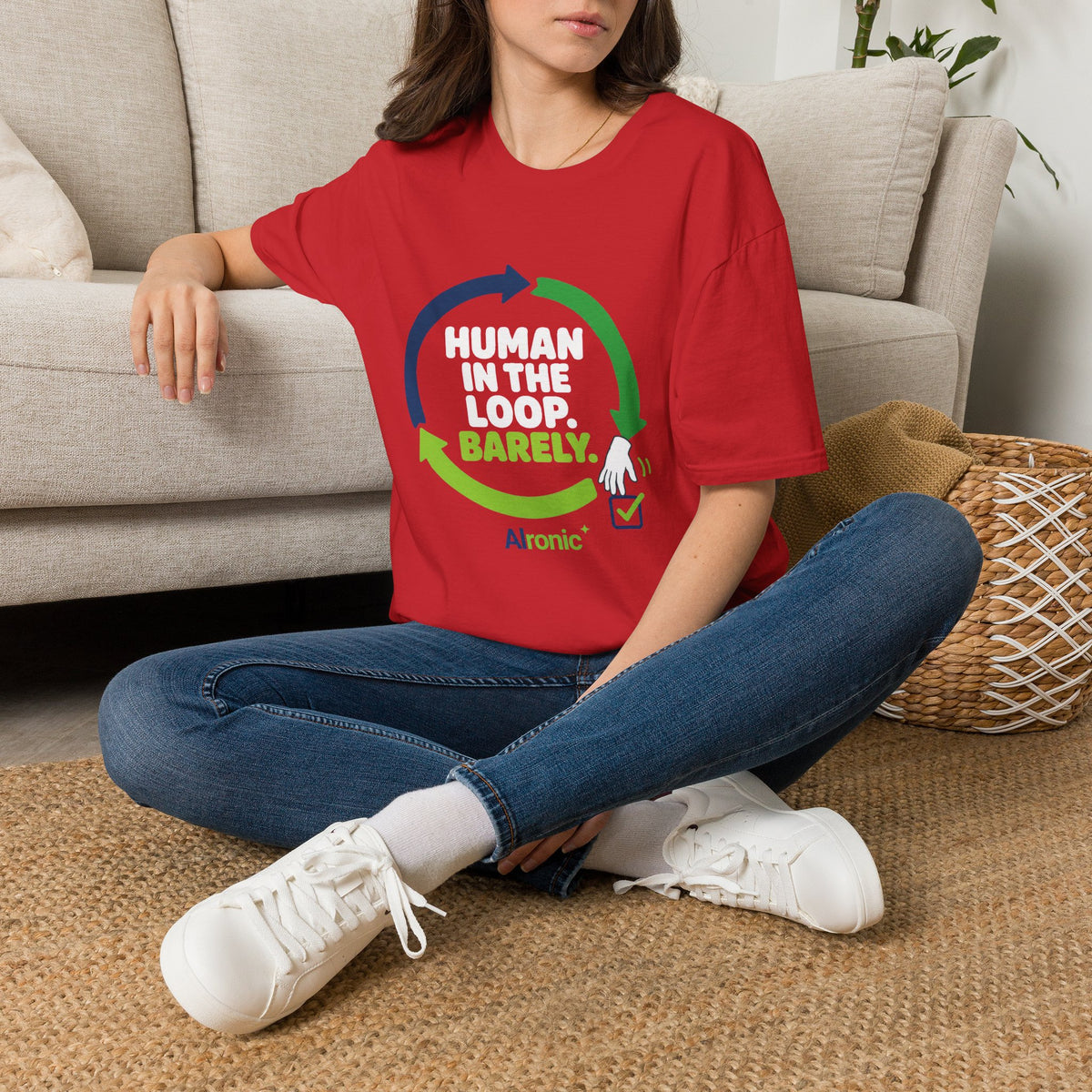 Red T-Shirt featuring "Human in the Loop. Barely." AI humor design by AIronic, gallery view 11