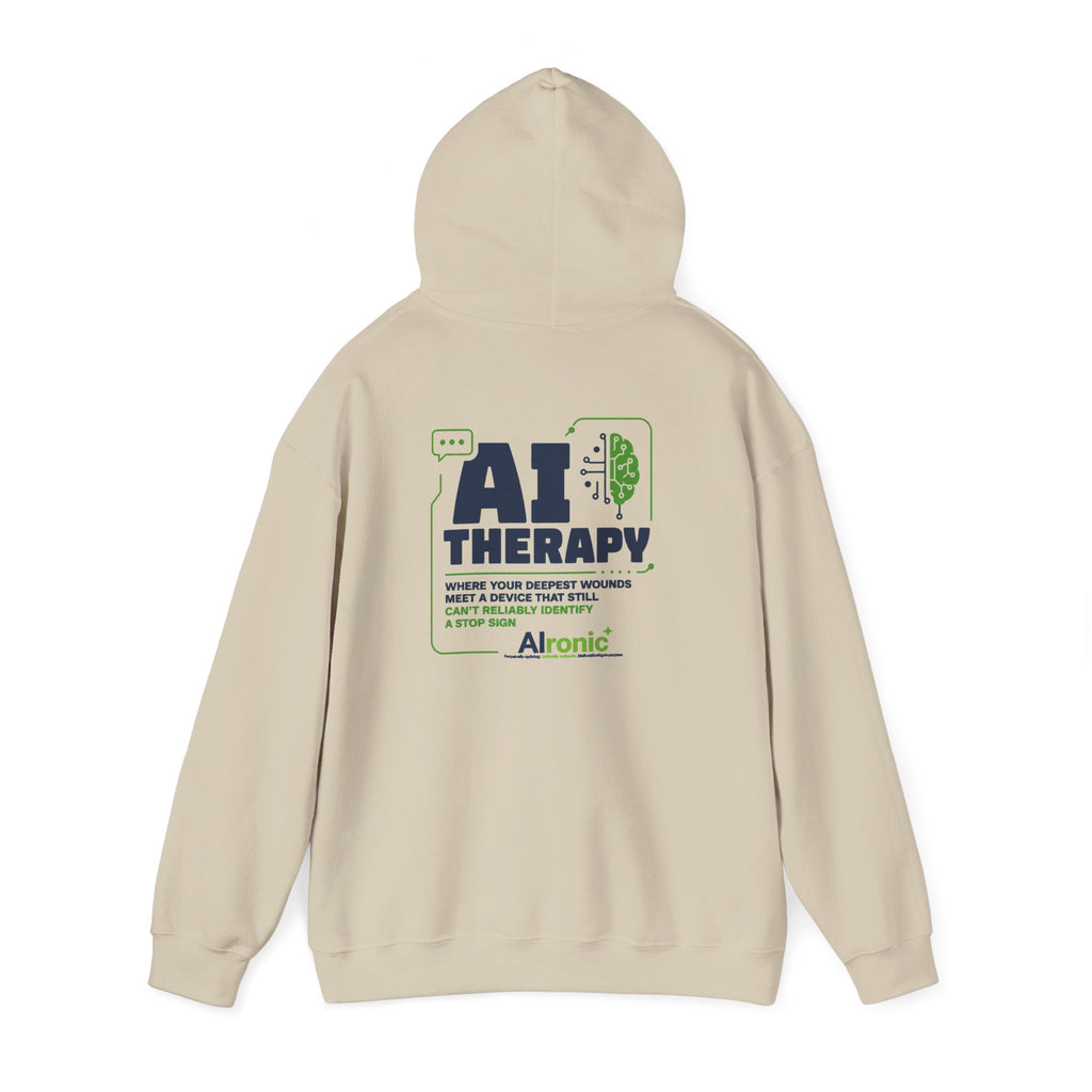Hoodie featuring “AI Therapy” AI humor design by AIronic, gallery view 20