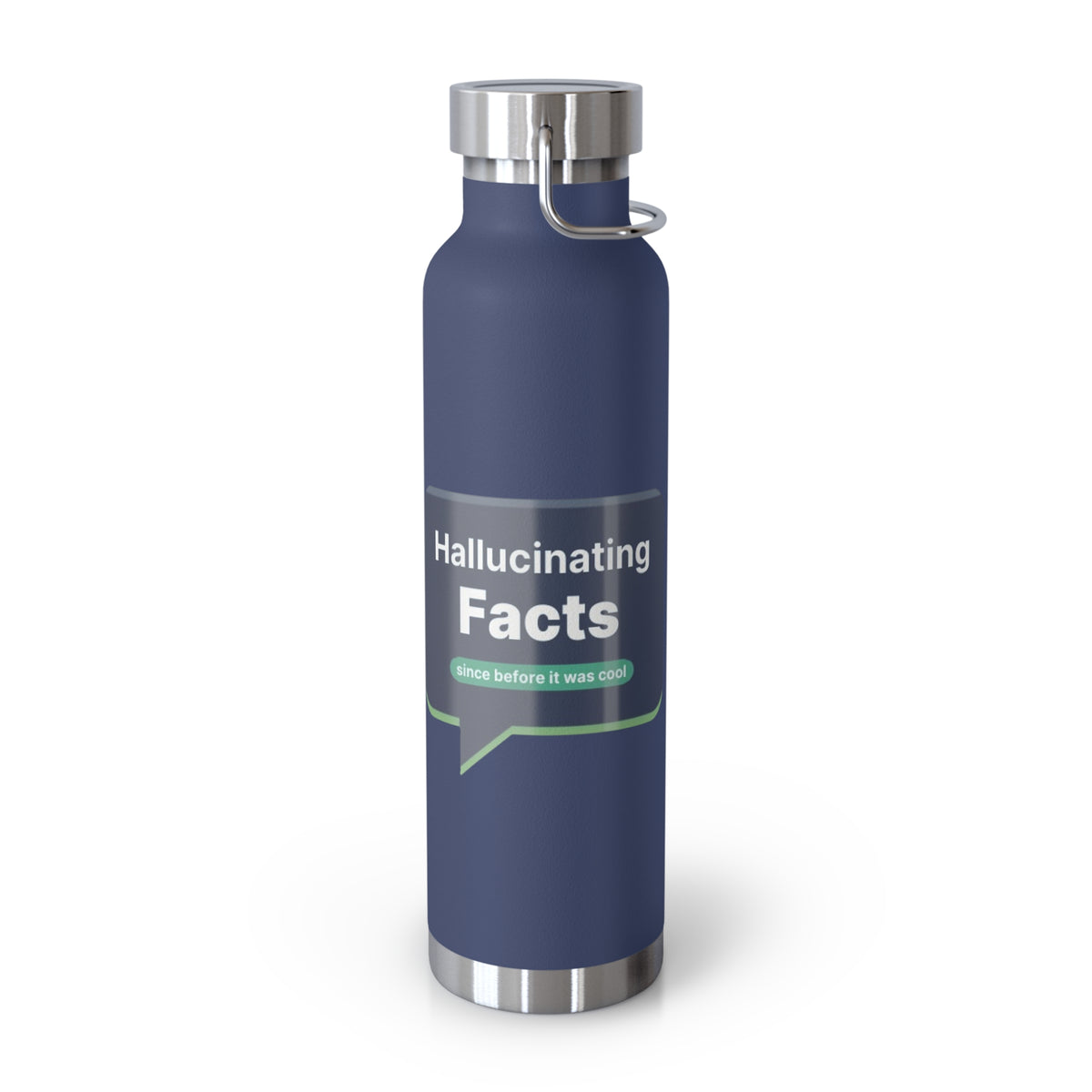 Navy Water Bottle featuring "Hallucinating Facts" AI humor design by AIronic, gallery view 8