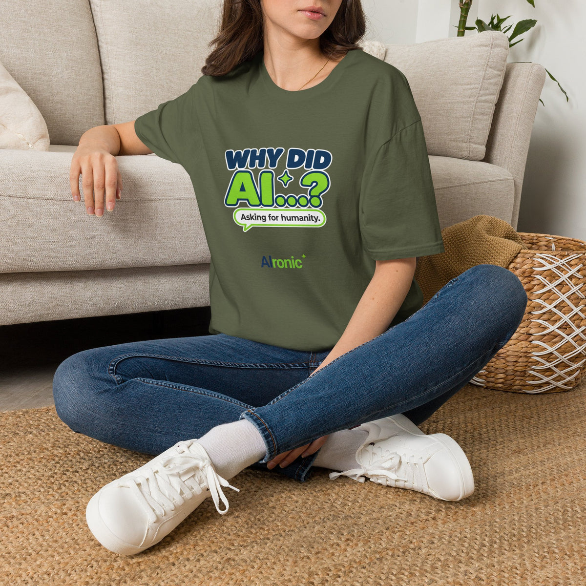 Military Green T-shirt featuring “Why did AI...?” AI humor design by AIronic, catalog view 1