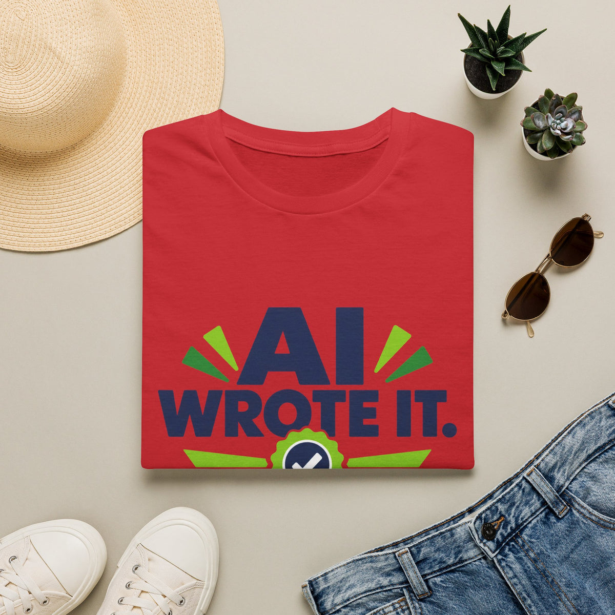Red T-Shirt featuring "AI Wrote It. I Took the Credit." AI humor design by AIronic, gallery view 11