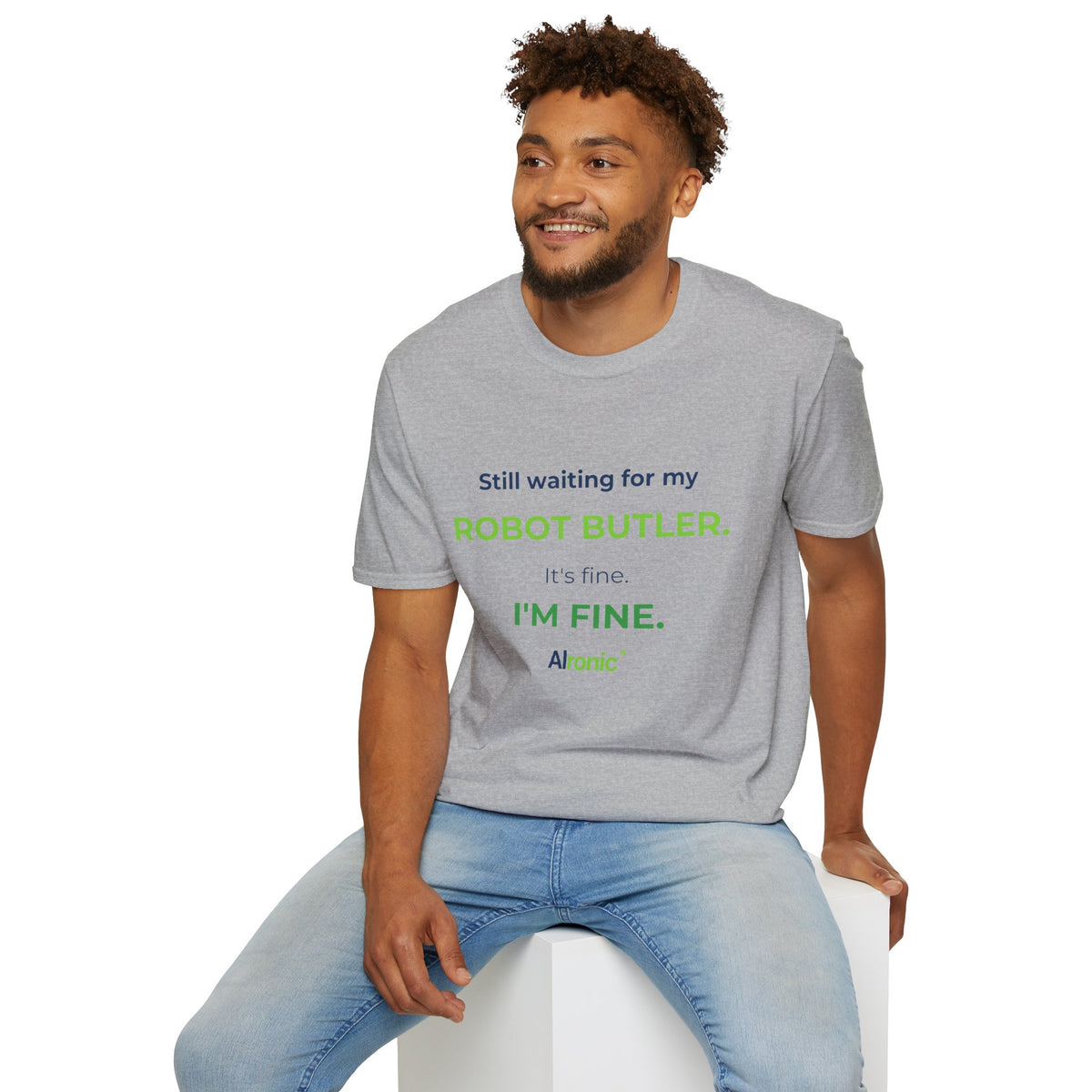Red T-shirt featuring “Still waiting for my robot butler” AI humor design by AIronic, catalog view 2