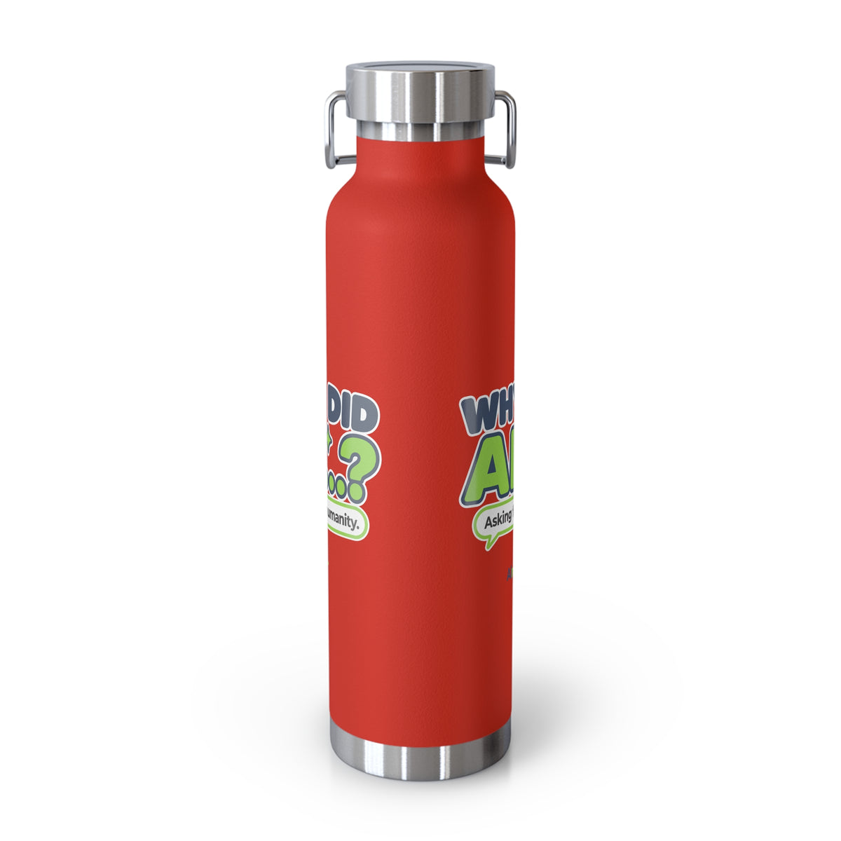 Mint Green water bottle featuring “Why did AI...?” AI humor design by AIronic, catalog view 2