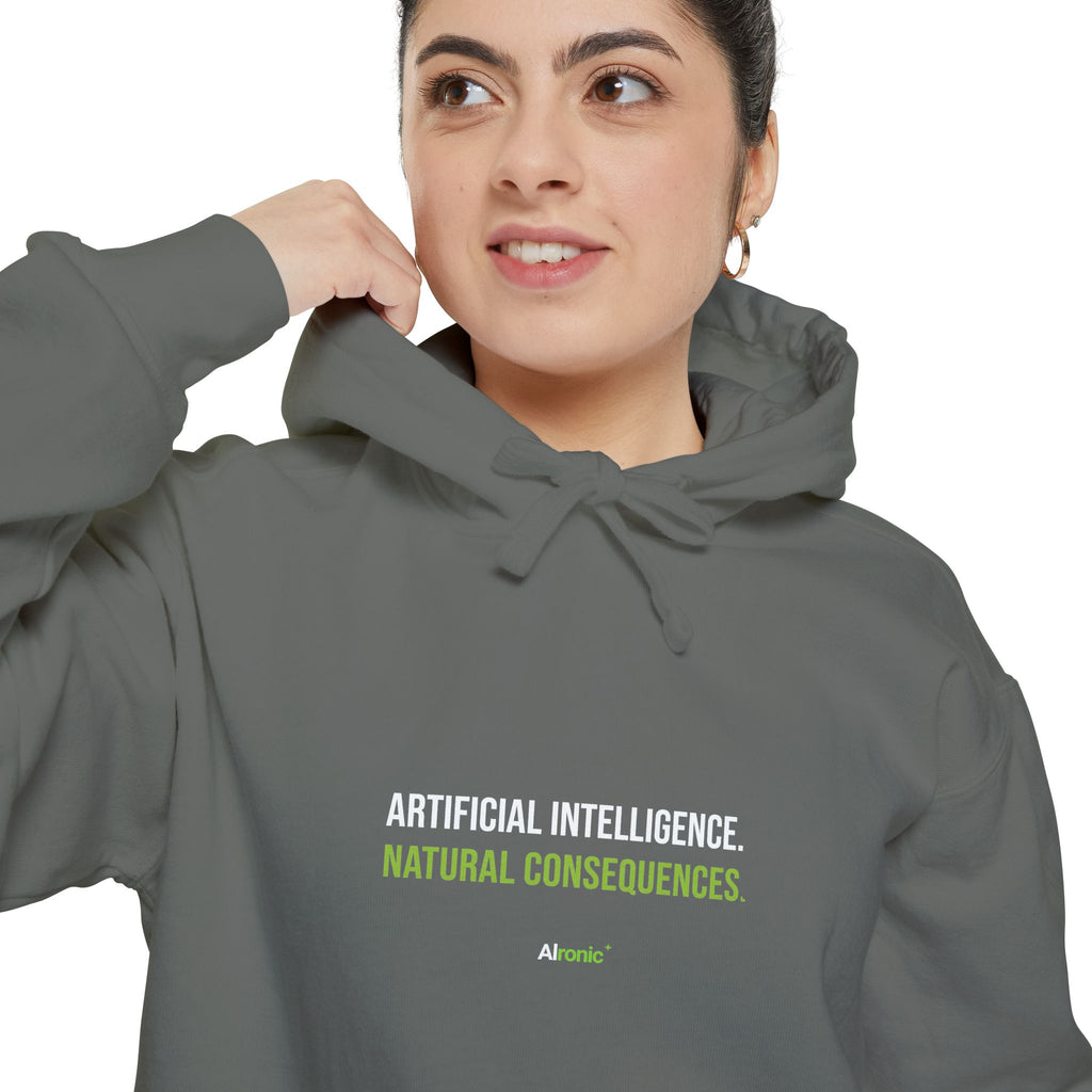 Grey hoodie featuring “Artificial intelligence. Natural consequences.” AI humor design by AIronic, catalog view 3