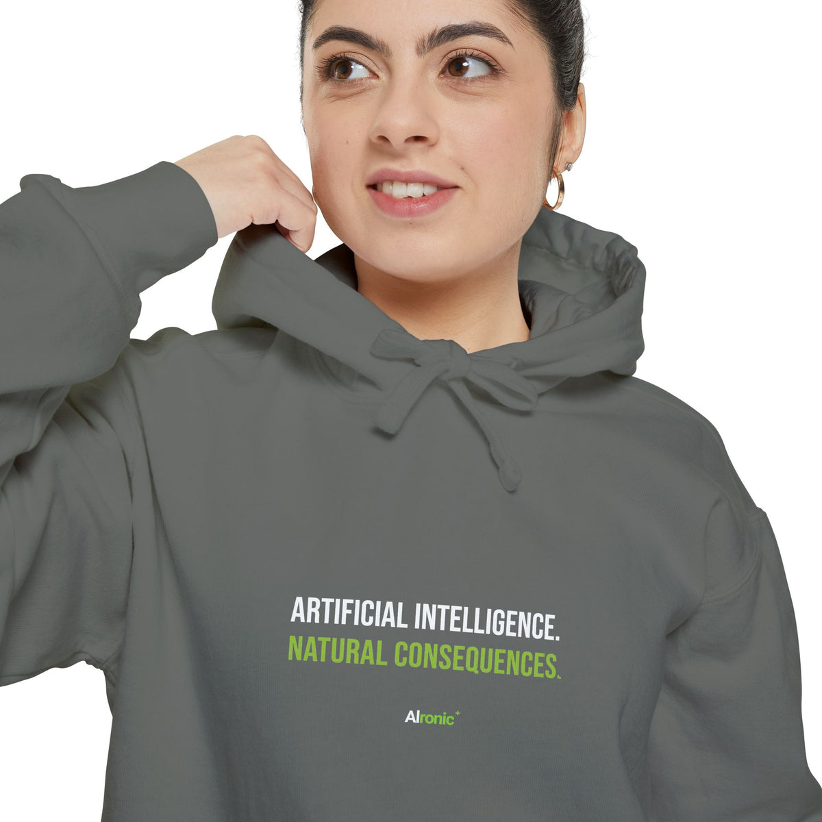 Grey hoodie featuring “Artificial intelligence. Natural consequences.” AI humor design by AIronic, catalog view 3