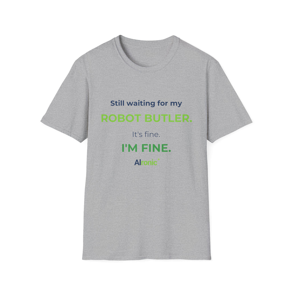 Royal T-shirt featuring “Still waiting for my robot butler” AI humor design by AIronic, catalog view 2