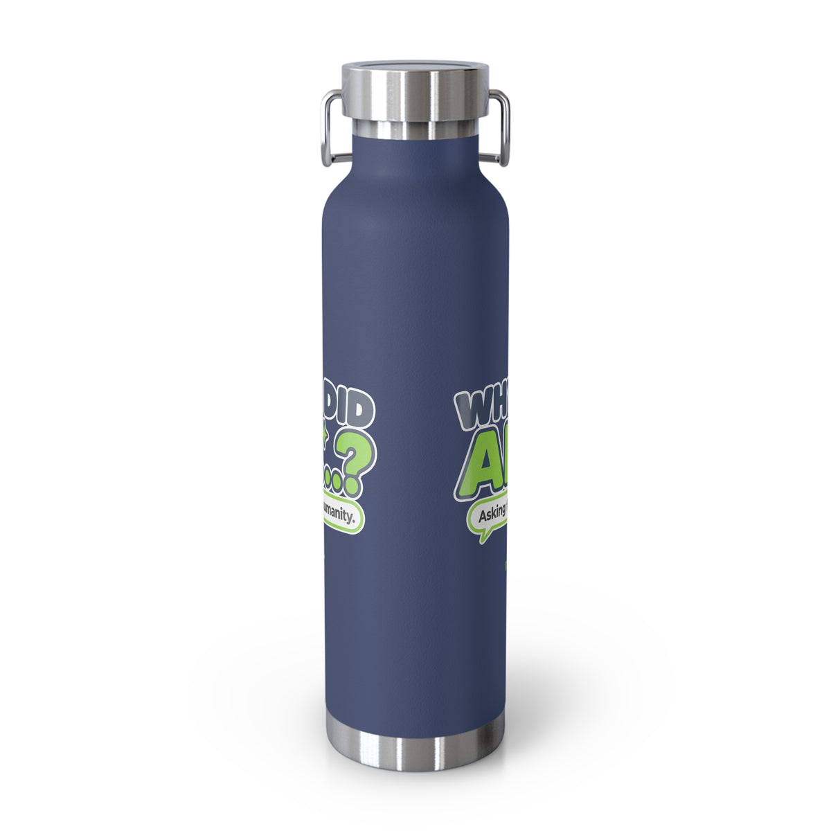 Navy water bottle featuring “Why did AI...?” AI humor design by AIronic, catalog view 4