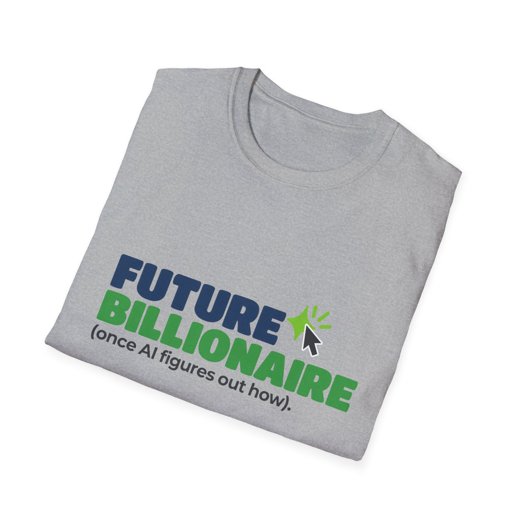 Navy T-shirt featuring “Future billionaire, once AI figures out how” AI humor design by AIronic, catalog view 2