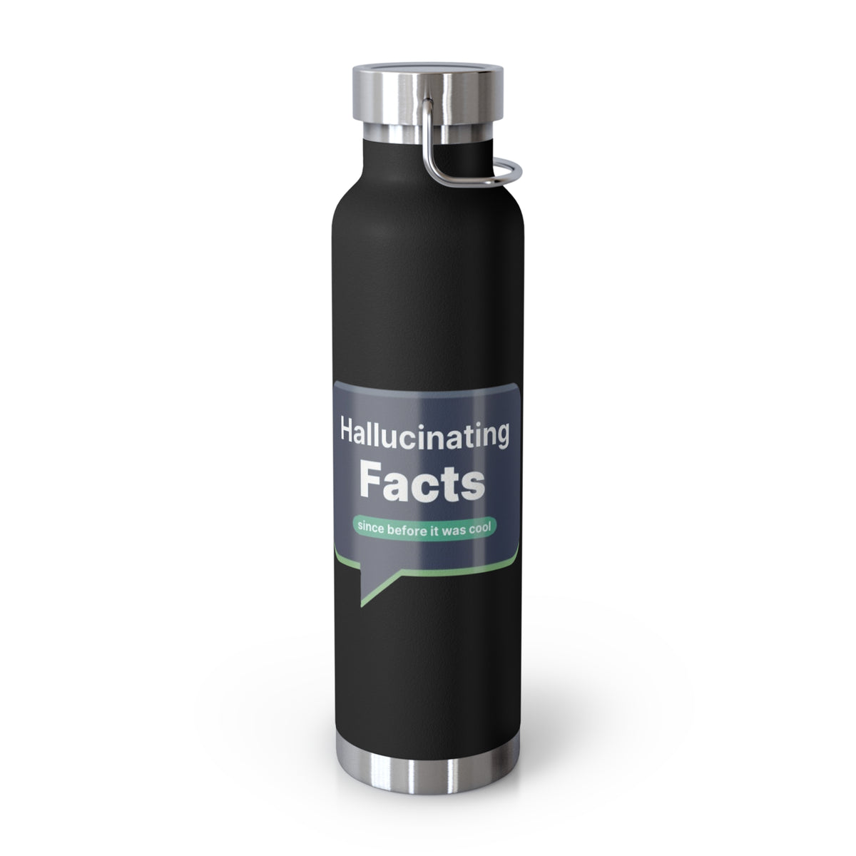 Black Water Bottle featuring "Hallucinating Facts" AI humor design by AIronic, gallery view 4