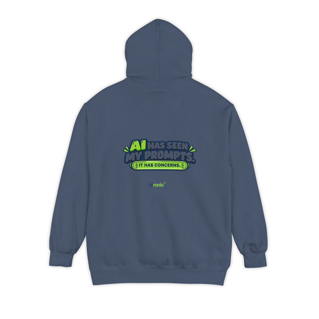 White hoodie featuring “AI has seen my prompts. It has concerns” AI humor design by AIronic, catalog view 4