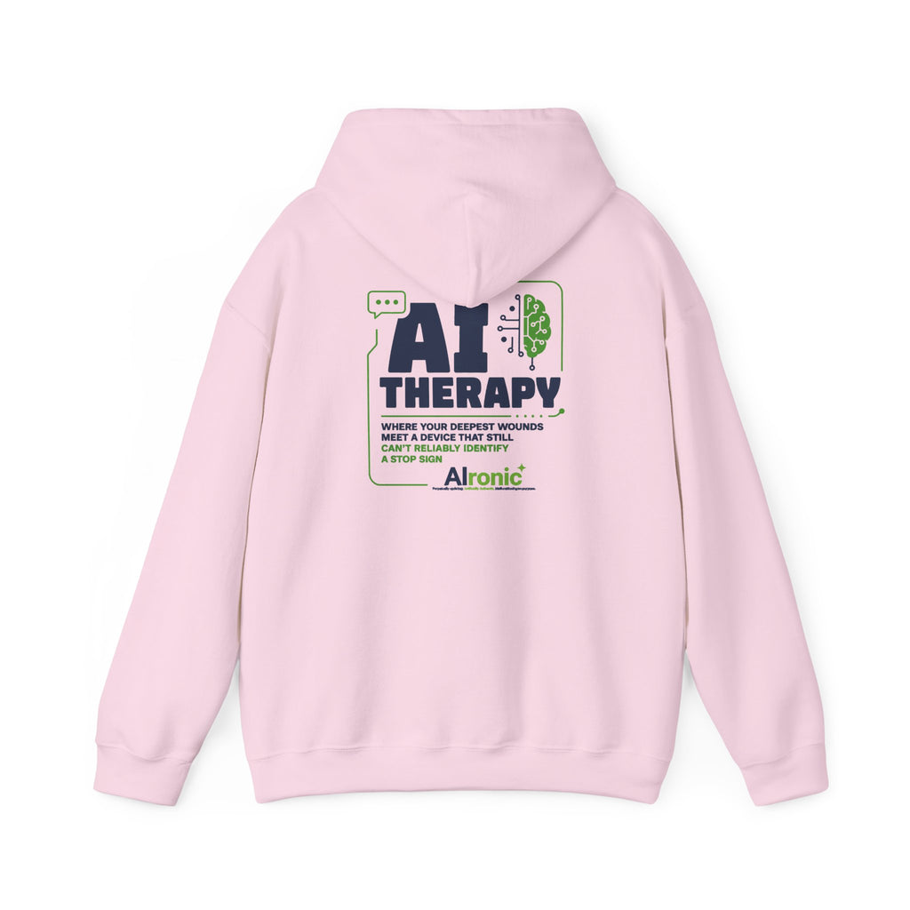 Hoodie featuring “AI Therapy” AI humor design by AIronic, gallery view 43