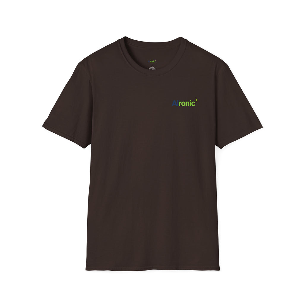 Dark Chocolate T-Shirt featuring "AIronic Minimal Logo Casual" AI humor design by AIronic, gallery view 4