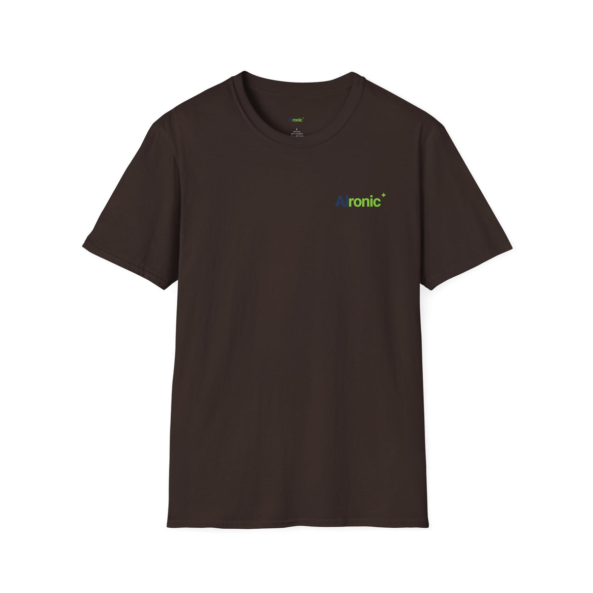 Dark Chocolate T-Shirt featuring "AIronic Minimal Logo Casual" AI humor design by AIronic, gallery view 4