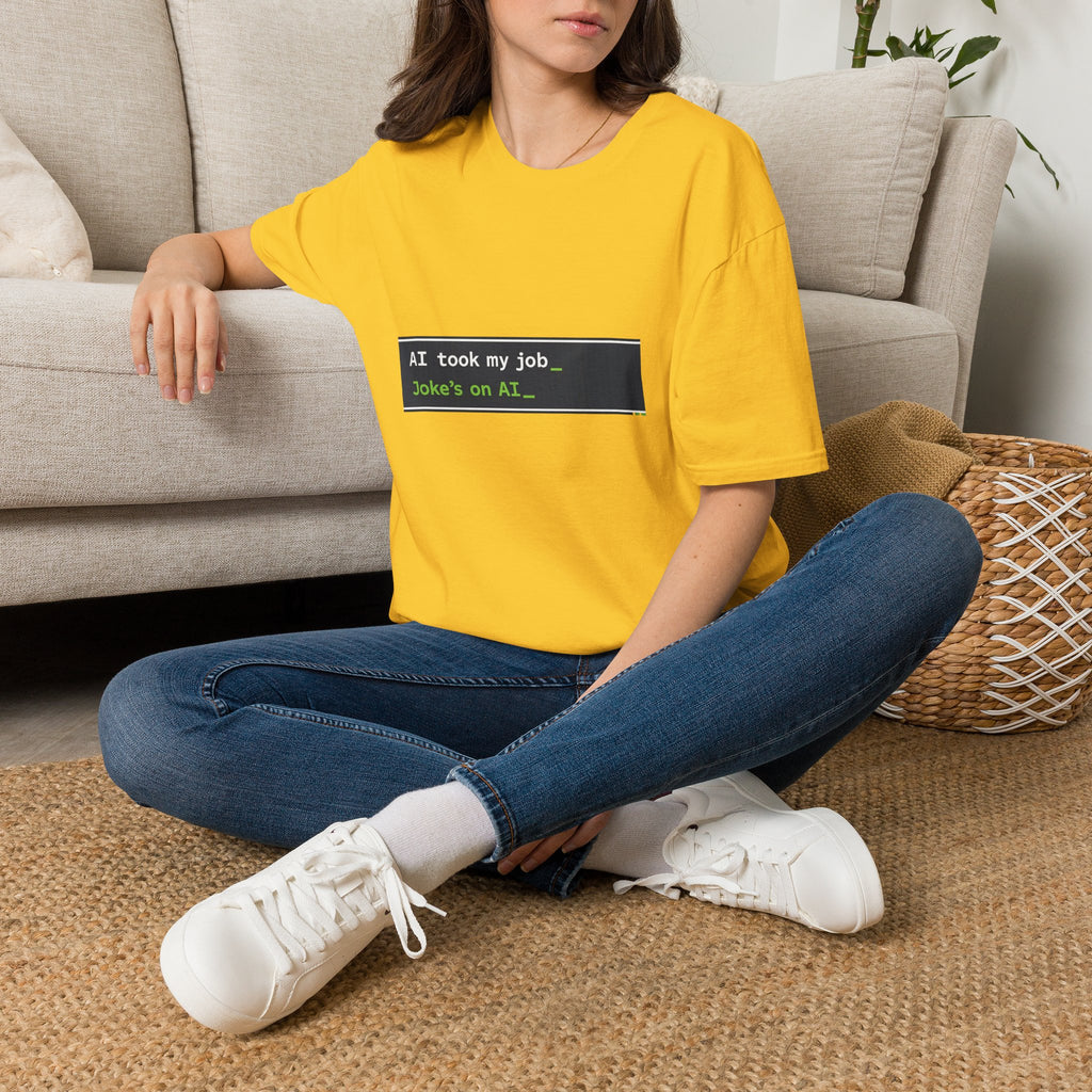 T-Shirt featuring "AI Took My Job - Joke’s on AI" AI humor design by AIronic, gallery view 31