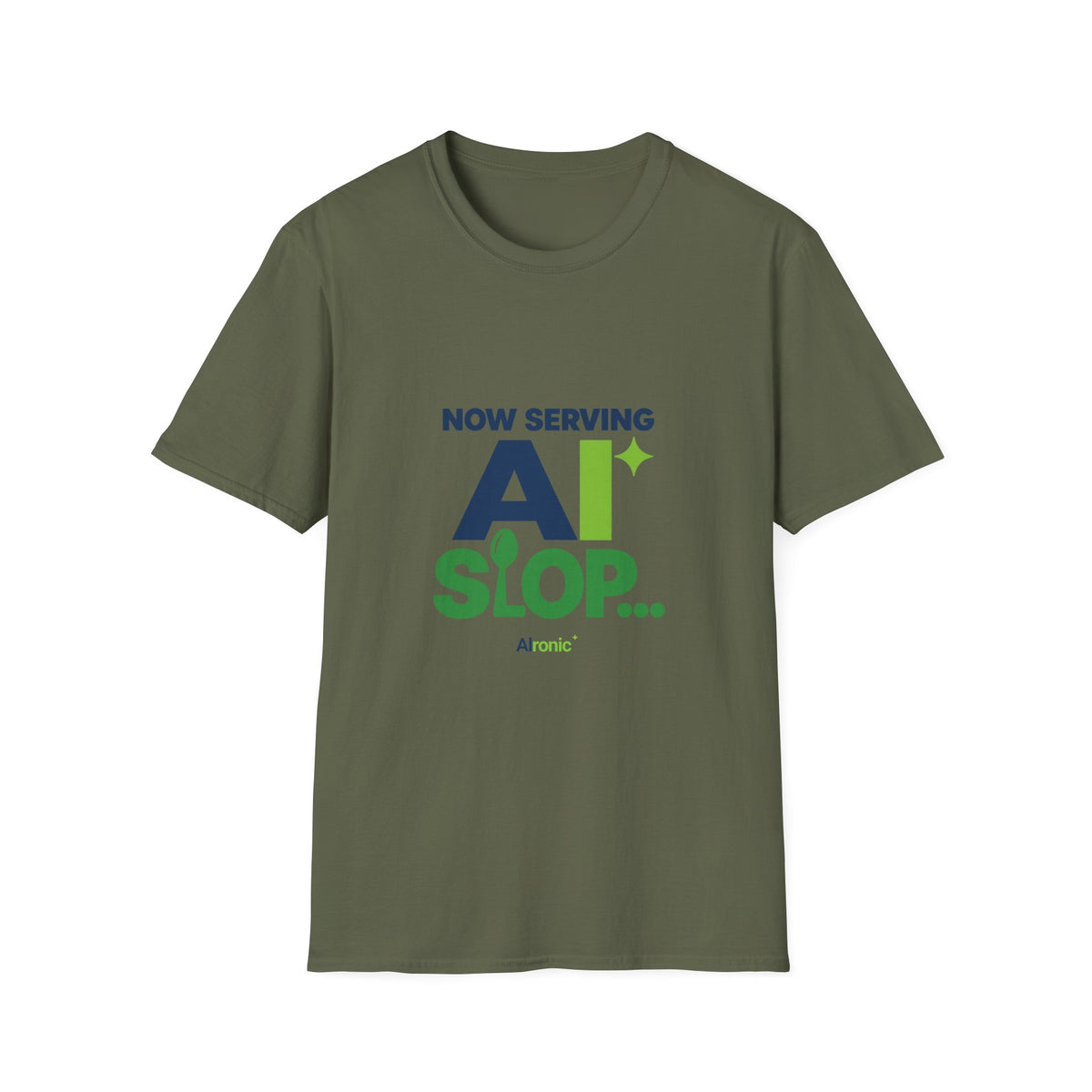 AIronic T-shirt featuring "Now Serving AI Slop" AI humor design, gallery view 6