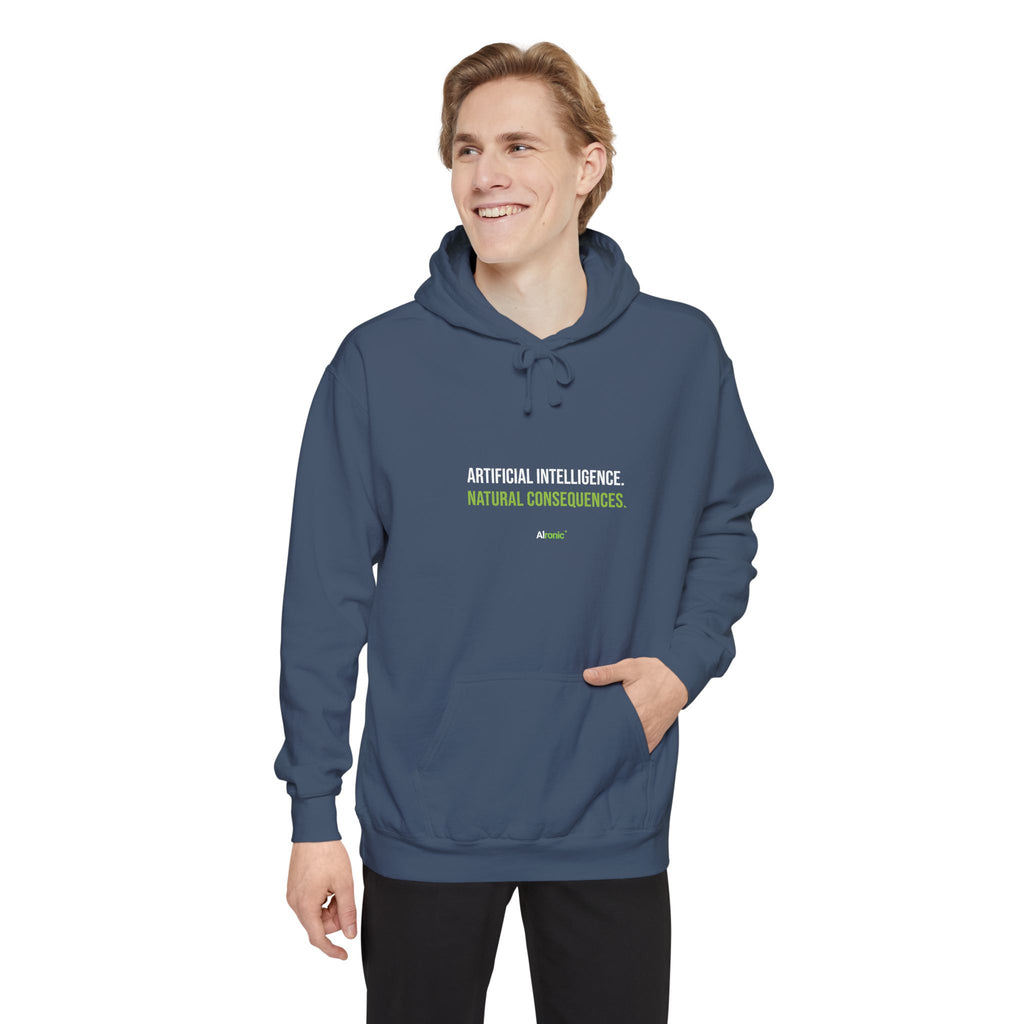 Pepper hoodie featuring “Artificial intelligence. Natural consequences.” AI humor design by AIronic, catalog view 5