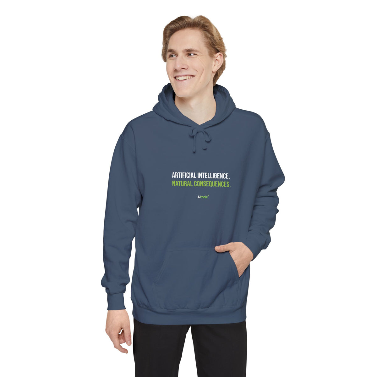 Pepper hoodie featuring “Artificial intelligence. Natural consequences.” AI humor design by AIronic, catalog view 5
