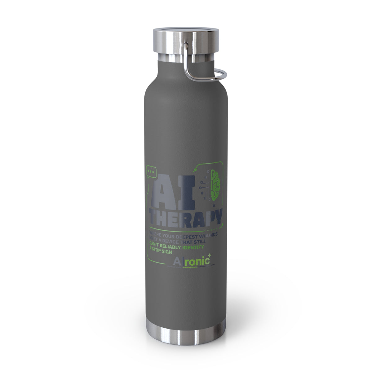 Grey Water Bottle featuring "AI Therapy" AI humor design by AIronic, gallery view 3