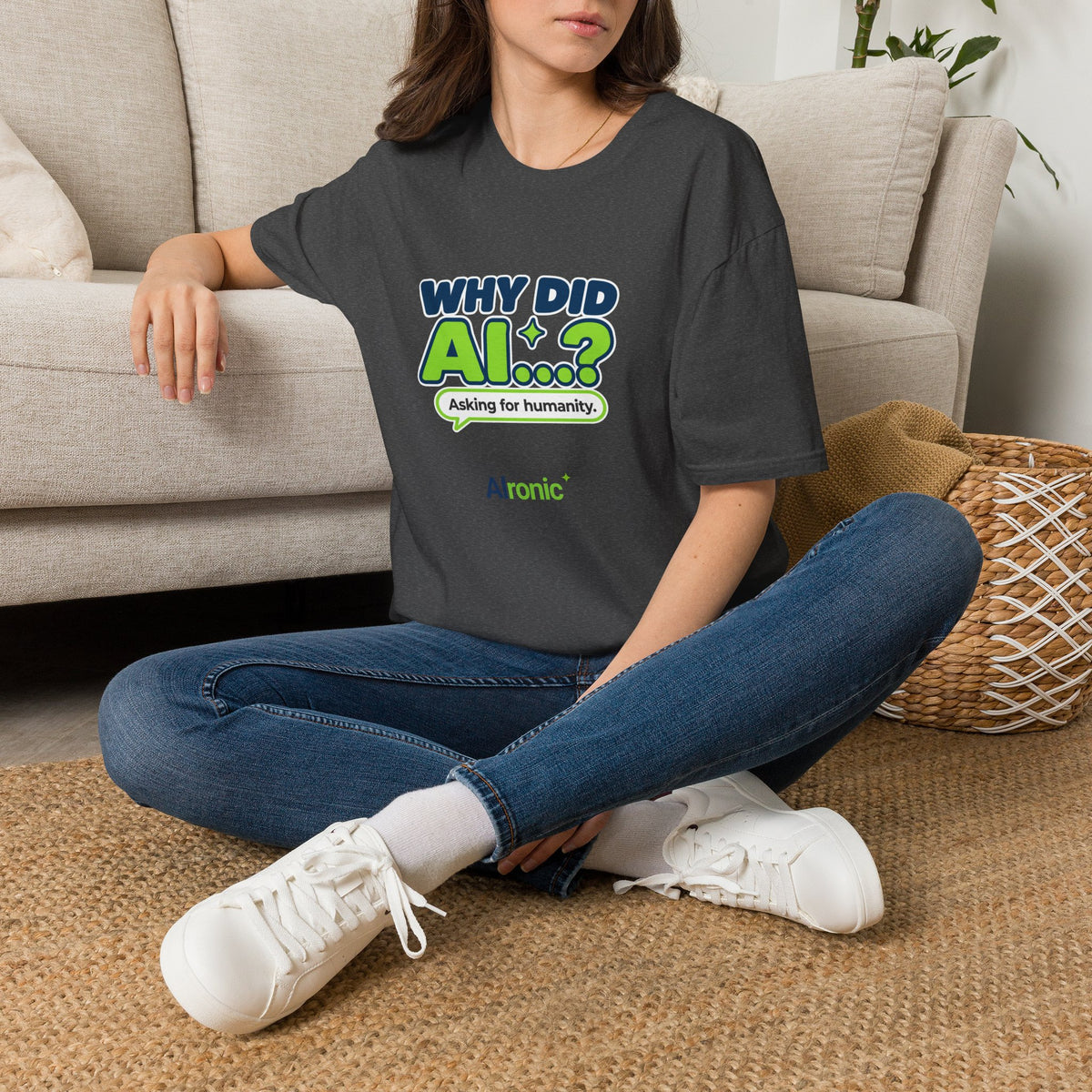 Dark Heather T-shirt featuring “Why did AI...?” AI humor design by AIronic, catalog view 1