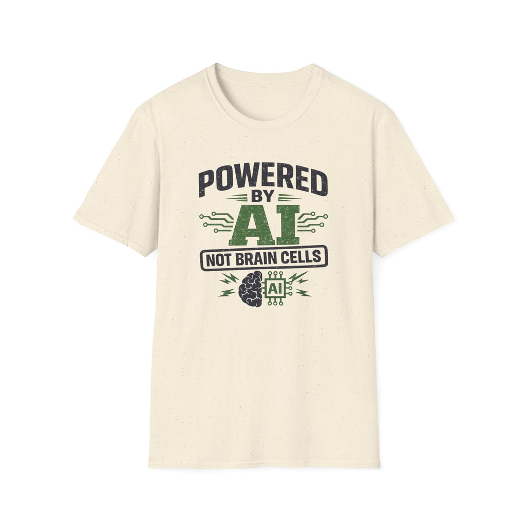T-Shirt featuring "Powered by AI" AI humor design by AIronic, gallery view 29