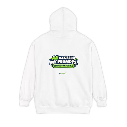 White hoodie featuring “AI has seen my prompts. It has concerns” AI humor design by AIronic, catalog view 1
