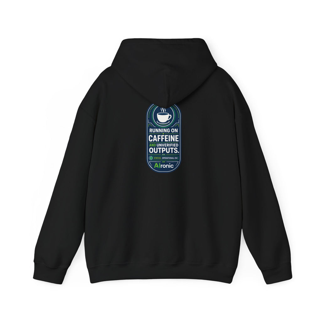 Hoodie featuring “Running on Caffeine, Unrivaled Outputs” AI humor design by AIronic, gallery view 16