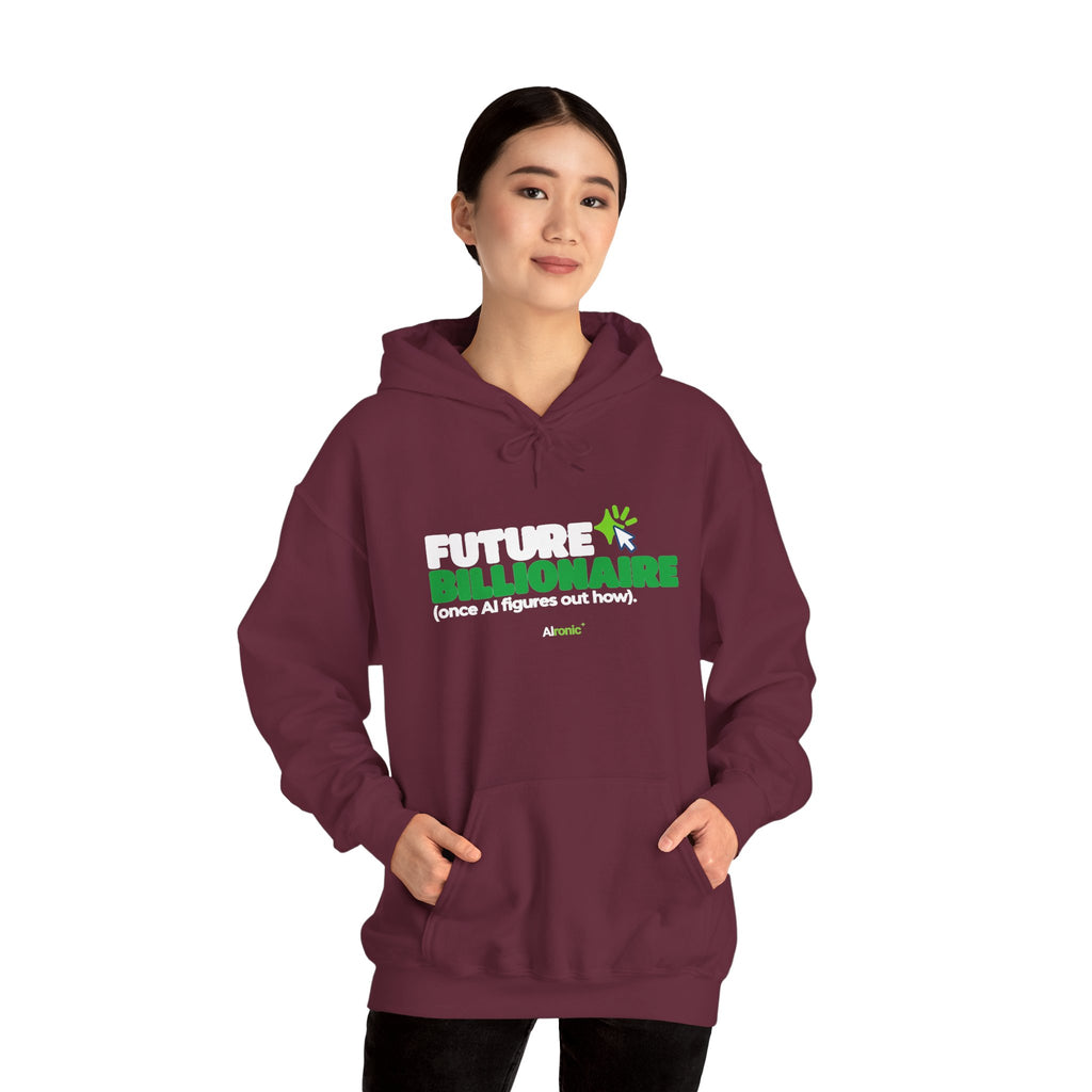 Dark Heather hoodie featuring “Future billionaire, once AI figures out how” AI humor design by AIronic, catalog view 3