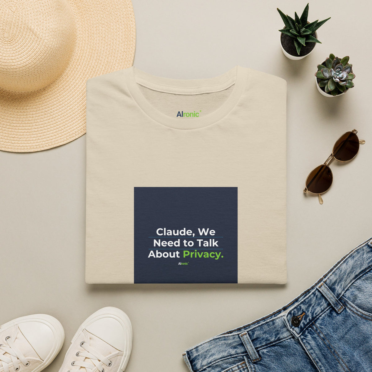 Sand T-Shirt featuring "Claude Privacy" AI humor design by AIronic, gallery view 3