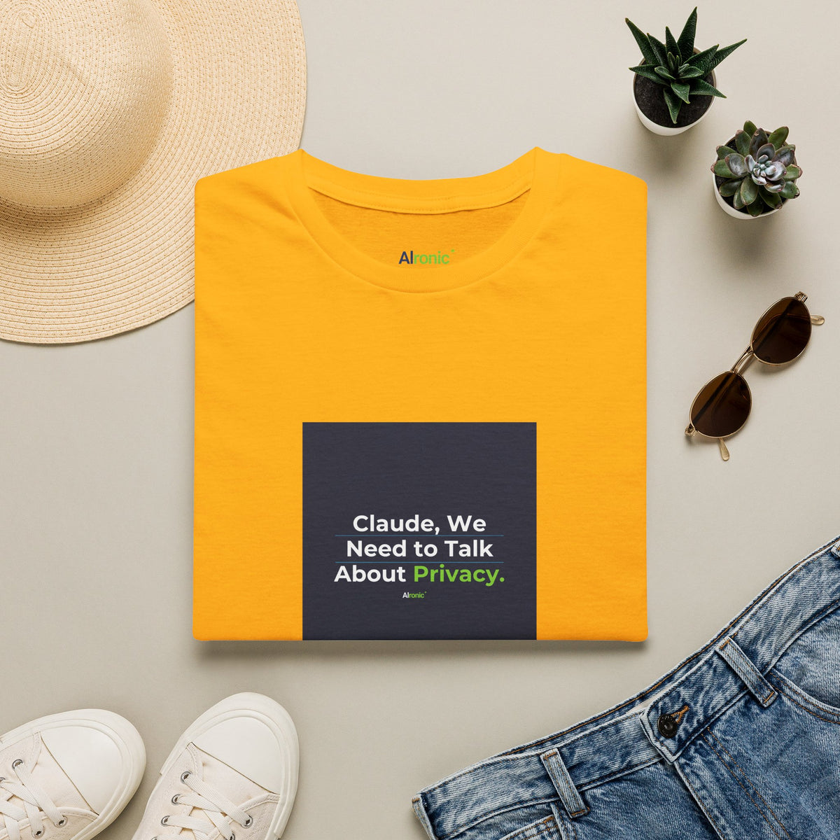 Gold T-Shirt featuring "Claude Privacy" AI humor design by AIronic, gallery view 5