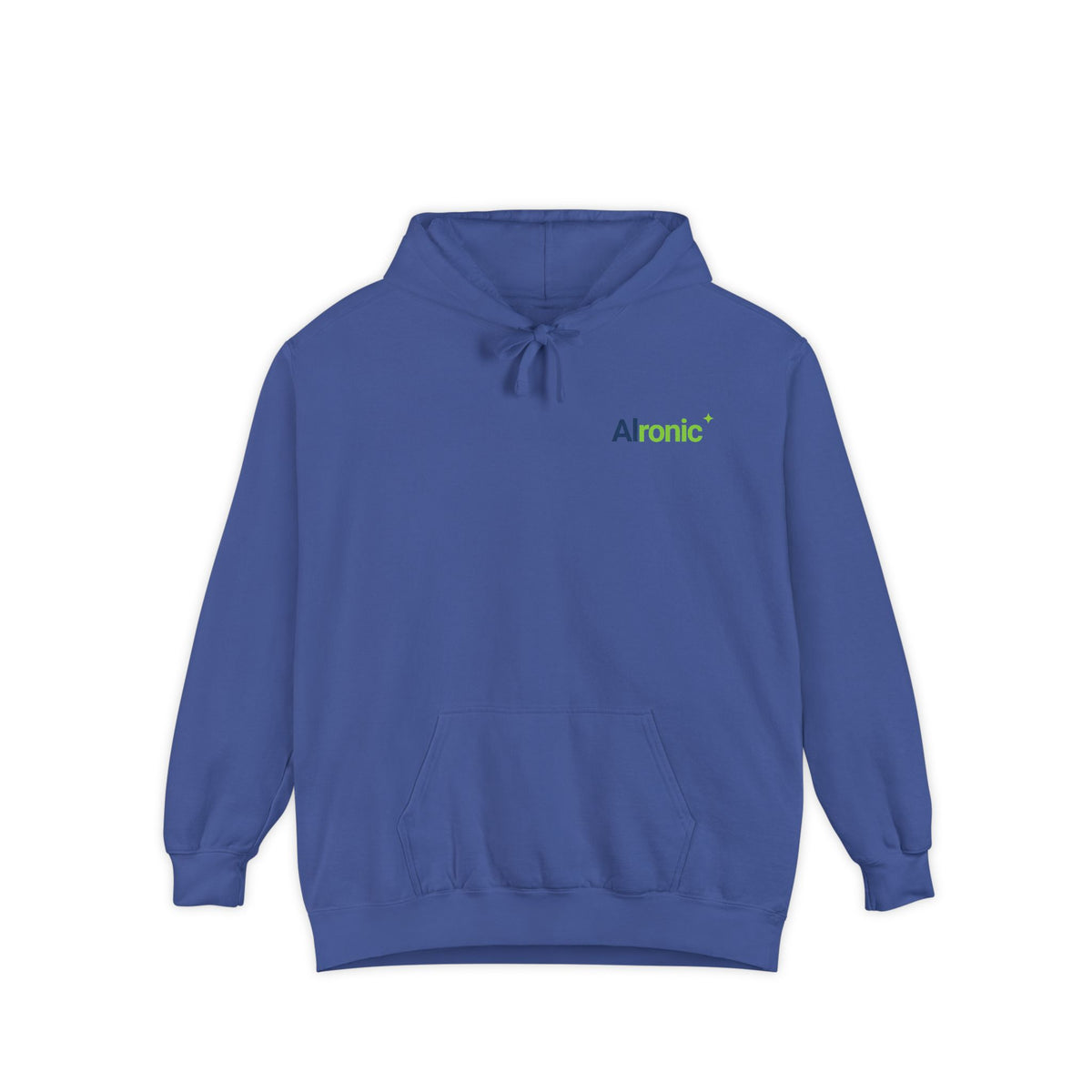 Flo Blue hoodie featuring “I asked AI. AI asked why” AI humor design by AIronic, catalog view 1