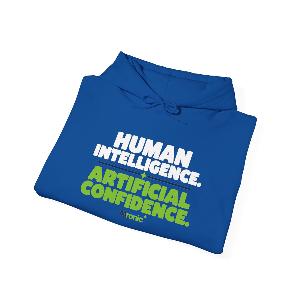 Hoodie featuring "Human Intelligence. Artificial Confidence." AI humor design by AIronic, gallery view 21