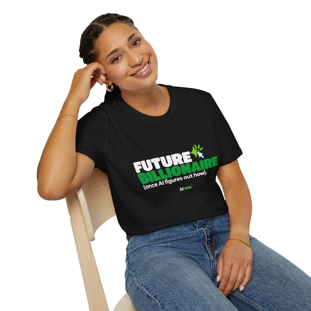 Dark Heather T-shirt featuring “Future billionaire, once AI figures out how” AI humor design by AIronic, catalog view 2
