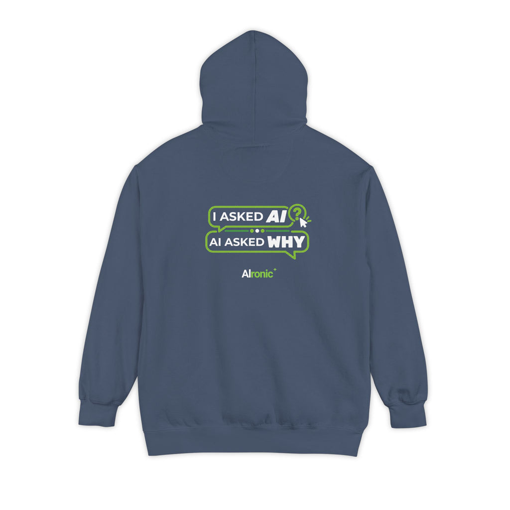 Denim hoodie featuring “I asked AI. AI asked why” AI humor design by AIronic, catalog view 4
