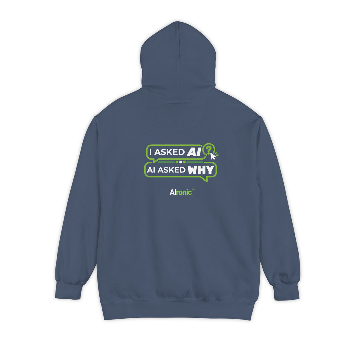Denim hoodie featuring “I asked AI. AI asked why” AI humor design by AIronic, catalog view 4
